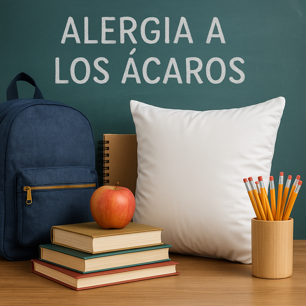 "Mochila escolar, libros, manzana y cojín con funda antiácaros frente a una pizarra con el texto 'Alergia a los ácaros', representando la vuelta al cole con prevención de alergias.