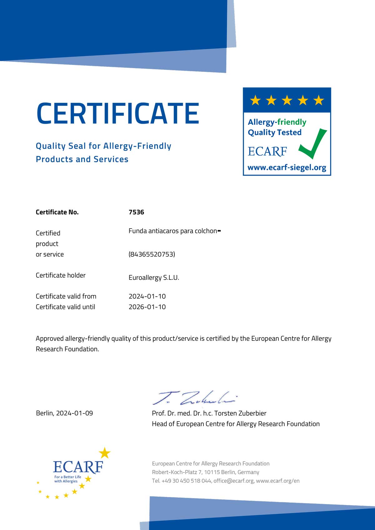 Funda Colchón Antiácaros Certificada ECARF - EuroAllergy